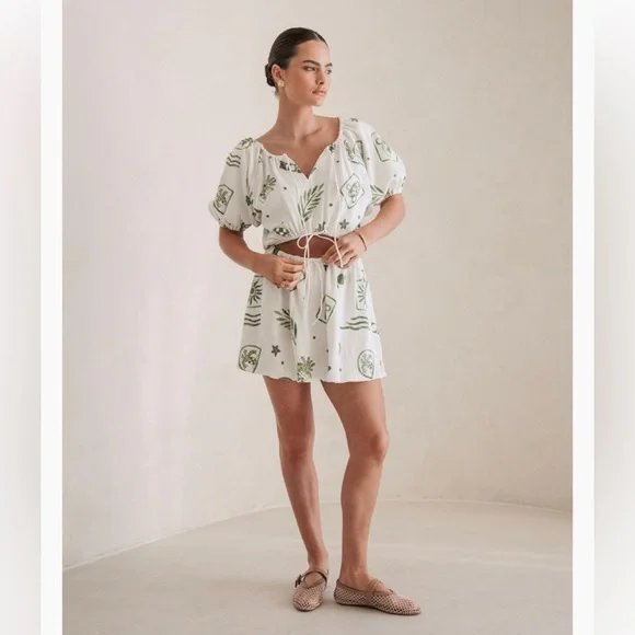 Sabo Milo Dress Relic green Mini Summer waffle knit puff sleeve 6 - Picture 2 of 9